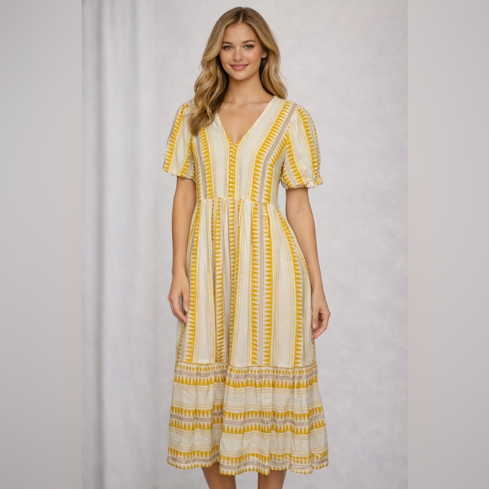 F&F‎ Yellow Boho Midi Dress Size 8 Puff Sleeve